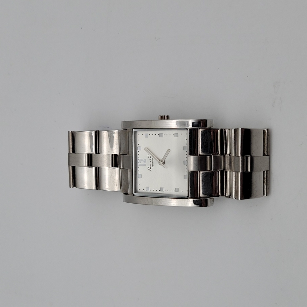 Kenneth Cole All Stainless Steel White Square Dial Wrist Watch Need a Battery